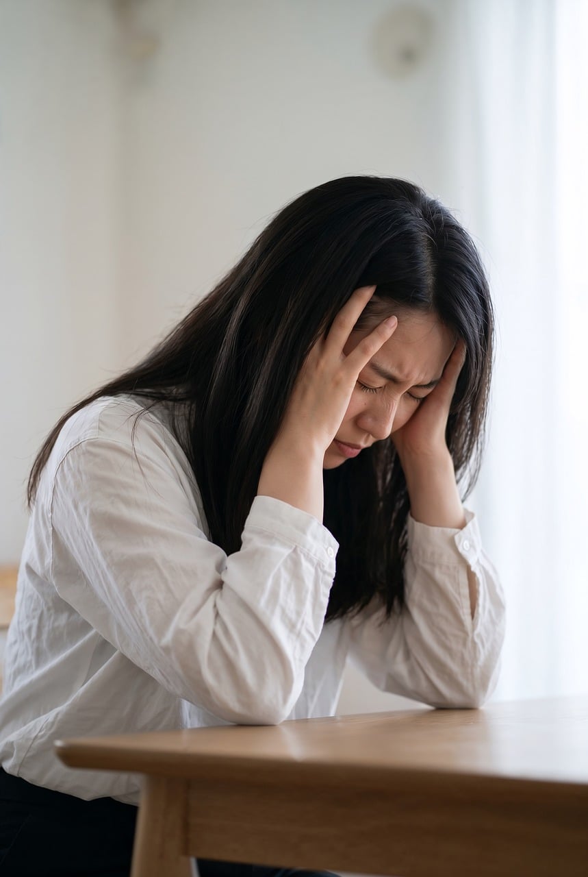 stress, anxiety, woman, frustration, depression, fatigue, emotions, problems, thinking, anxious, exhaustion, despair, psychology, table, sitting, thoughts, difficulties, white shirt, emotional